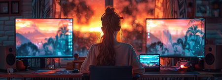 Female gamer with headphones at a desk with dual monitors displaying a fantasy game, illuminated by screen glow in a dark room.の素材