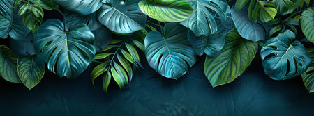 Tropical leaves on dark background, nature banner with copy space.の素材