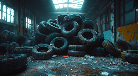 Pile of old tires in a dimly lit abandoned warehouse, conveying urban decay and environmental waste.の素材