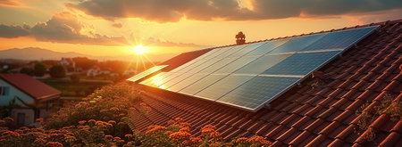Solar panels on a house roof at sunset with a scenic view of the horizon.の素材