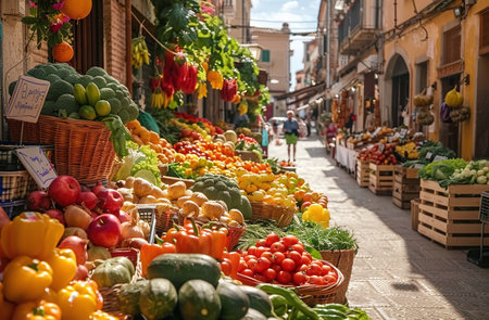 Colorful street market with fresh fruits and vegetables on display in a quaint European town.の素材