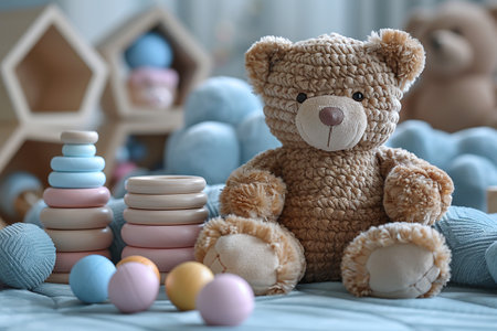 Teddy bear with colorful wooden toys and soft balls, set in a cozy nursery room.の素材