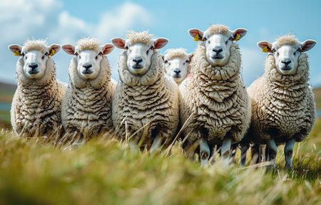 Herd of sheep standing in a field with a clear blue sky in the background.の素材