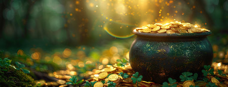 Enchanted forest scene with a pot of gold coins surrounded by clovers, illuminated by a magical golden light and sparkling bokeh, suggesting a leprechaun's treasure.の素材