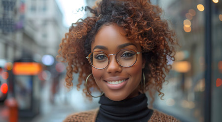 Portrait of a smiling young woman with curly hair wearing glasses and a turtleneck sweater, standing on a city street.の素材