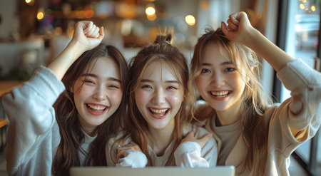 Three joyful young women celebrating in front of a laptop, raising their arms in excitement, in a cozy indoor setting.の素材