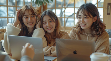 Three young Asian women smiling and looking at a laptop in a cozy cafe setting.の素材