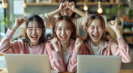 Three young women celebrating success in front of laptops, smiling and making heart gestures with their hands.の素材