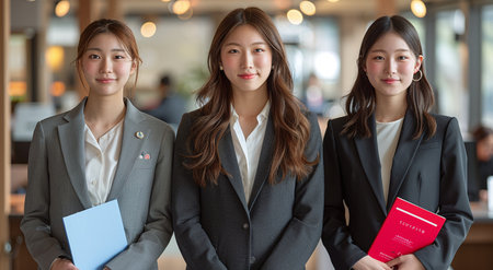 Three young Asian businesswomen smiling in a modern office setting, holding documents and a book.の素材