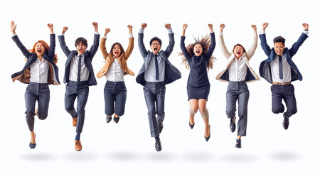 A group of eight diverse business professionals joyfully jumping in mid-air, isolated on a white background, expressing excitement and success.の素材
