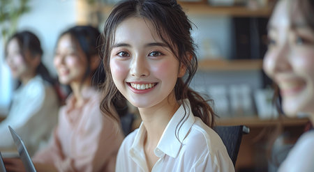 A young Asian woman smiling at the camera in a bright office environment, with colleagues in the background.の素材