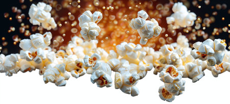 Popcorn kernels explosively popping against a dark background with glowing particles.の素材