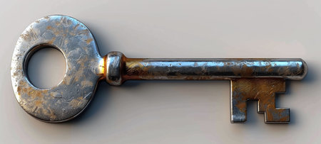 Close-up of an old, weathered key with a circular handle and intricate details, lying on a plain surface.の素材