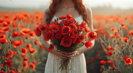 A woman in a white dress holding a bouquet of red poppies in a poppy field at sunset.の素材