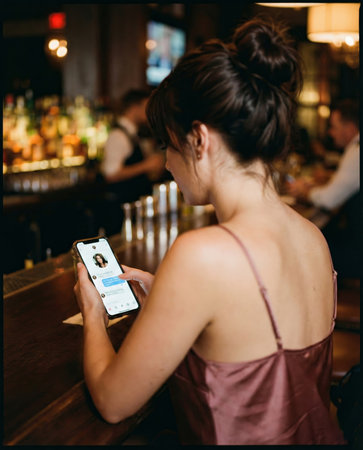 Over the shoulder view of a young woman in a bar, looking at a message on a dating app on her smartphone. Shallow depth of field with warm, muted colors.の素材
