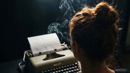 Moody over-the-shoulder shot of a woman with auburn hair typing on a vintage typewriter. Delicate cigarette smoke drifts across the page in a dark, atmospheric room.の素材