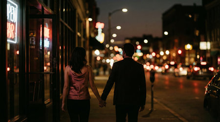 A young couple is silhouetted against vibrant, bokeh city lights as they leave a bar together at night, creating a romantic and hopeful mood.の素材