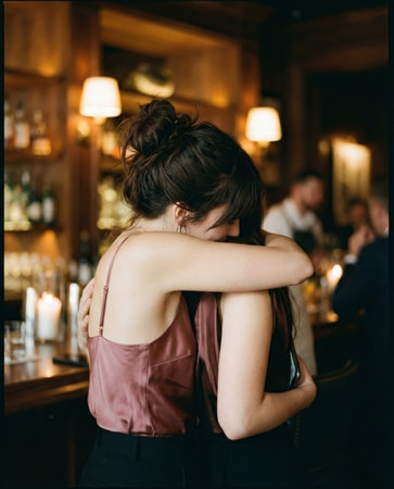 A young woman in a rose silk top shares a warm, intimate hug with someone in a dimly lit, upscale bar. Soft lights blur in the background.の素材