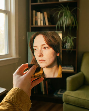 Extreme close-up portrait of a contemplative young woman in a sunlit room. The image has a heavy, authentic film grain texture from a 35mm camera.の素材