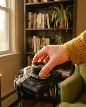 A young woman thoughtfully holds a vintage film camera in a warm, naturally lit room with soft focus and pronounced film grain.の素材