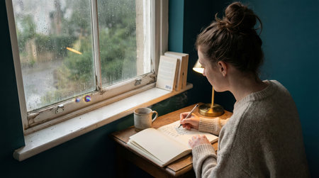 A woman writes in her journal on a rainy day, bathed in soft light from a nearby lamp. Cozy indoor scene.の素材