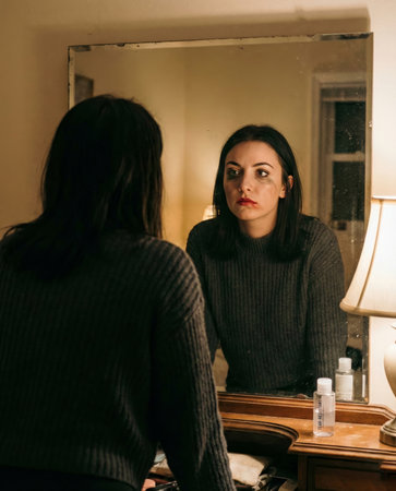Medium shot of a young woman looking into a mirror, regaining composure with fresh makeup. A tear-resistant cosmetic product is on a cluttered counter. Dim, warm lighting.の素材