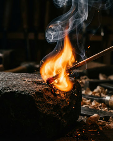 Extreme macro close-up of a match head igniting, revealing a violent burst of orange flame, curling white smoke, and glowing embers on wood. Dramatic chiaroscuro lighting.の素材