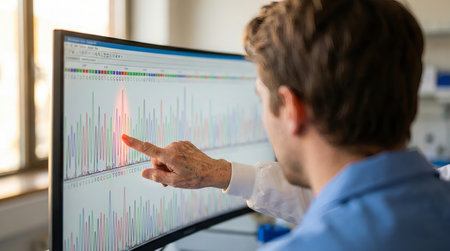 Two scientists collaborate, pointing at genetic sequencing data on a computer screen in a bright, modern laboratory, analyzing complex DNA information. Image is generated using AI.の素材