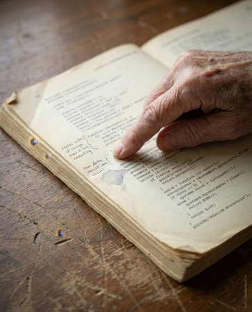 Close-up of an elderly hand pointing at a worn, open book displaying programming code and handwritten notes on a textured wooden table, highlighting a water stain. Image is generated using AI.の素材