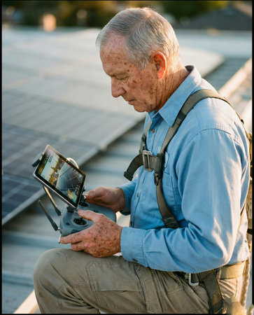A focused senior man in a safety harness operates a drone controller with a tablet screen on a solar panel rooftop, conducting a professional inspection. Image is generated using AI.の素材