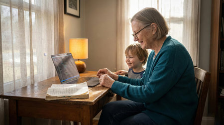 A happy grandmother and her young grandson are sitting at a wooden desk, smiling as they interact with a laptop computer in a cozy home setting. Image is generated using AI.の素材
