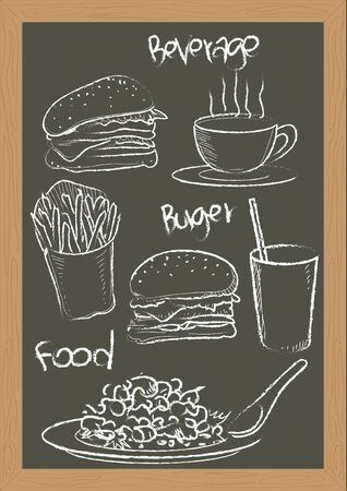 vector  illustration graphic background food French fries Burger blackboard handwriting Write beverage Hot coffeeのイラスト素材