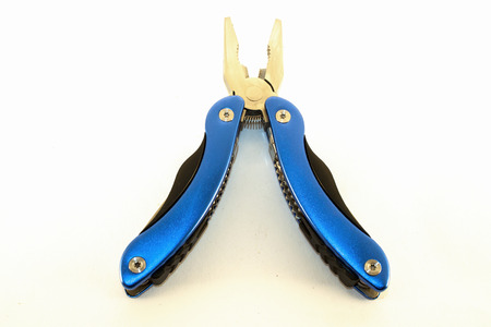 Blue and aluminium leatherman, isolated on white background
