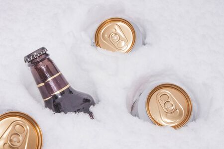 Ice cold beer, in cool white snowの写真素材