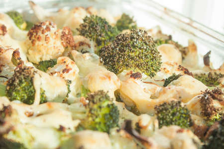 Green broccoli and white cauliflower gratinの写真素材