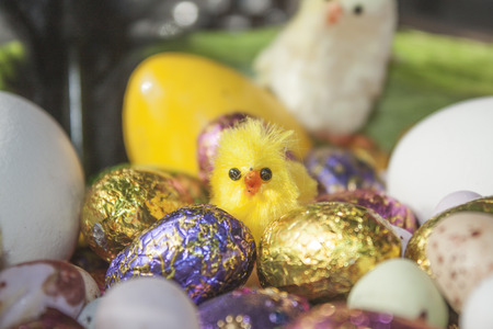 Eastern chicken, between eastern eggs, in a basket