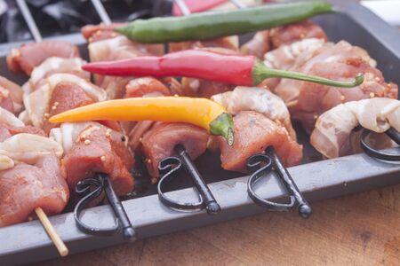 Yellow, green and red chili. On a pile of meat skewersの写真素材