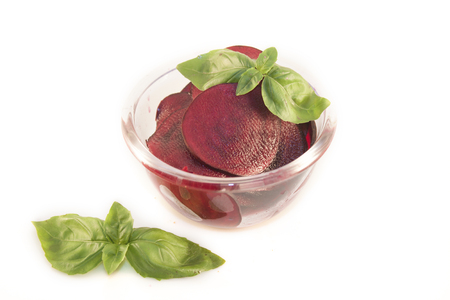 Pickled, purple beetroot slices, isolated on white backgroundの写真素材