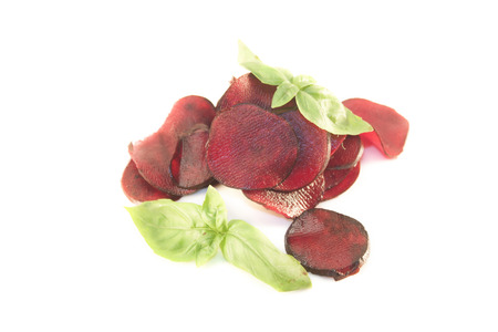 Pickled beetroot and basil, isolated on white backgroundの写真素材