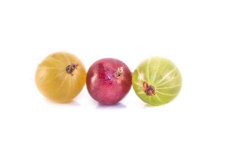 Red, yellow and green ribes uva-crispa gooseberry, isolated on white backgroundの写真素材