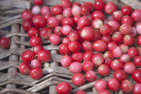 A pile of red lingonberries in a wicker basket