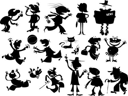 Silhouettes of people and animals in various situationsのイラスト素材