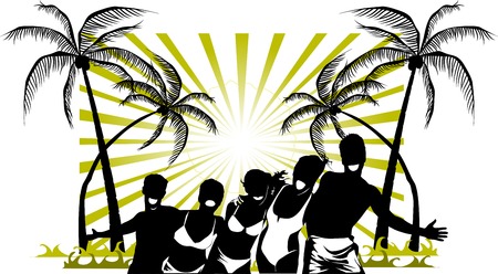 Young men dance to music in style of a disco; のイラスト素材