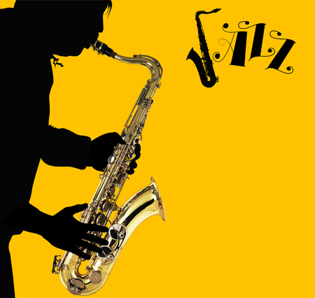 Man with saxophone on a yellow background; のイラスト素材