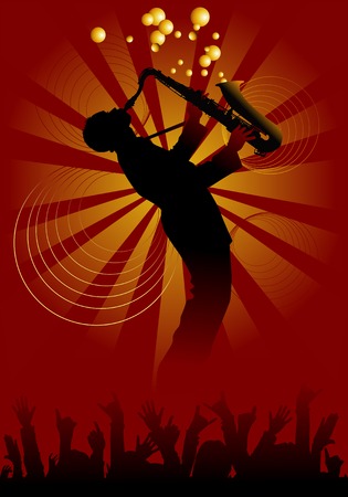 Man with saxophone on a red-yellow background; のイラスト素材