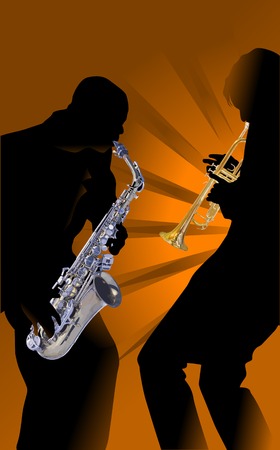 Mans with saxophone on a red-yellow background; のイラスト素材