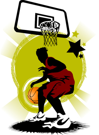 player in basketball at the background of basketball rings (vector);のイラスト素材