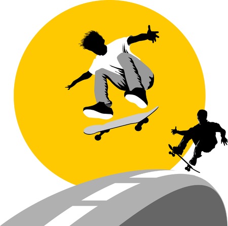 Teen makes a jump on a skateboard on the background of the moon; のイラスト素材