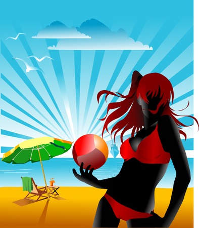 girl playing beach volleyball in blue background のイラスト素材