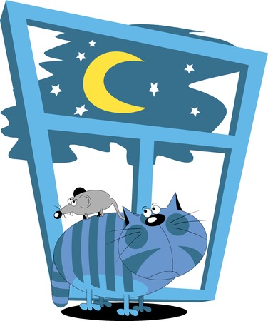 Cat and mouse look out the window at the moon; のイラスト素材